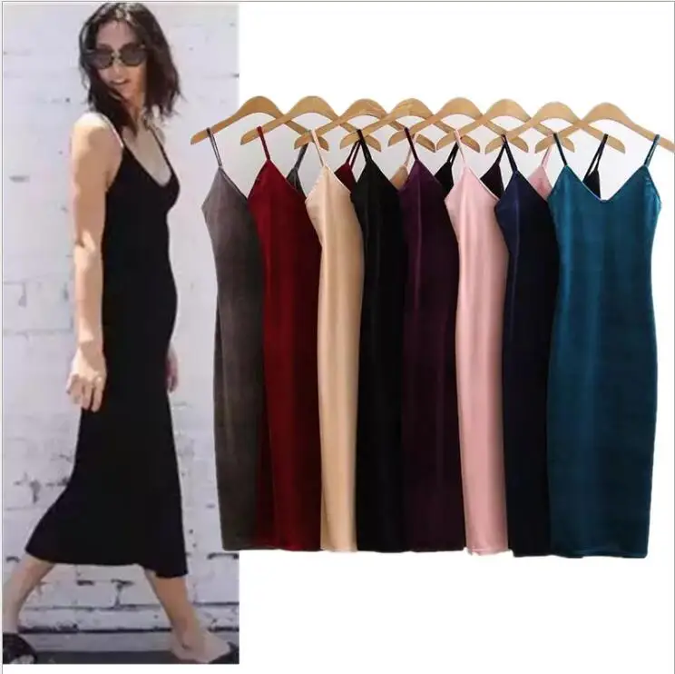 

New Ladies Fashion V Neck Sexy Side Open Slim Fit Skinny Dress Velvet Dress Cami Dress New Year Dress