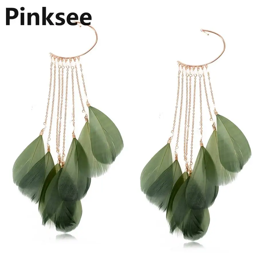 

1PC Trendy Green Feather Long Tassels Cuff Clip Earrings Ear hook Without Piercing Crawlers Women Ear Cuff Fashion Jewelry
