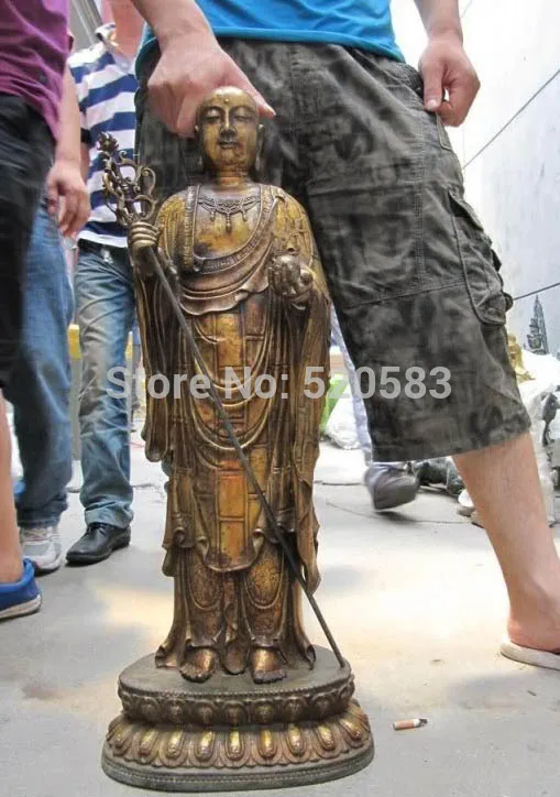 

29"Tibet Buddhism temple Fane Old Copper Bronze Di Zang Jizo King Buddha Statue