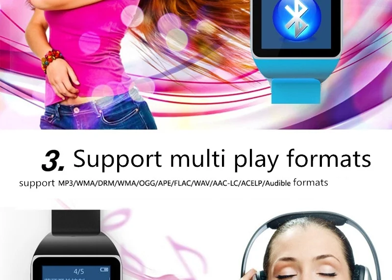 4/8GB MP3 плеер Смарт-часы Bluetooth Сенсорный экран без потерь музыку часы Поддержка FM/шагомер/чтения электронных книг/Кино/Голосовое управление Запись