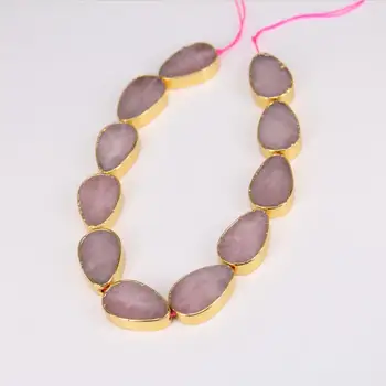 

11pcs/str Natural Pink Quartz Drilled Flat Teardrop Loose Beads Bracelet Necklace,Plated Gold Edged Raw Crystals Pendants Beads