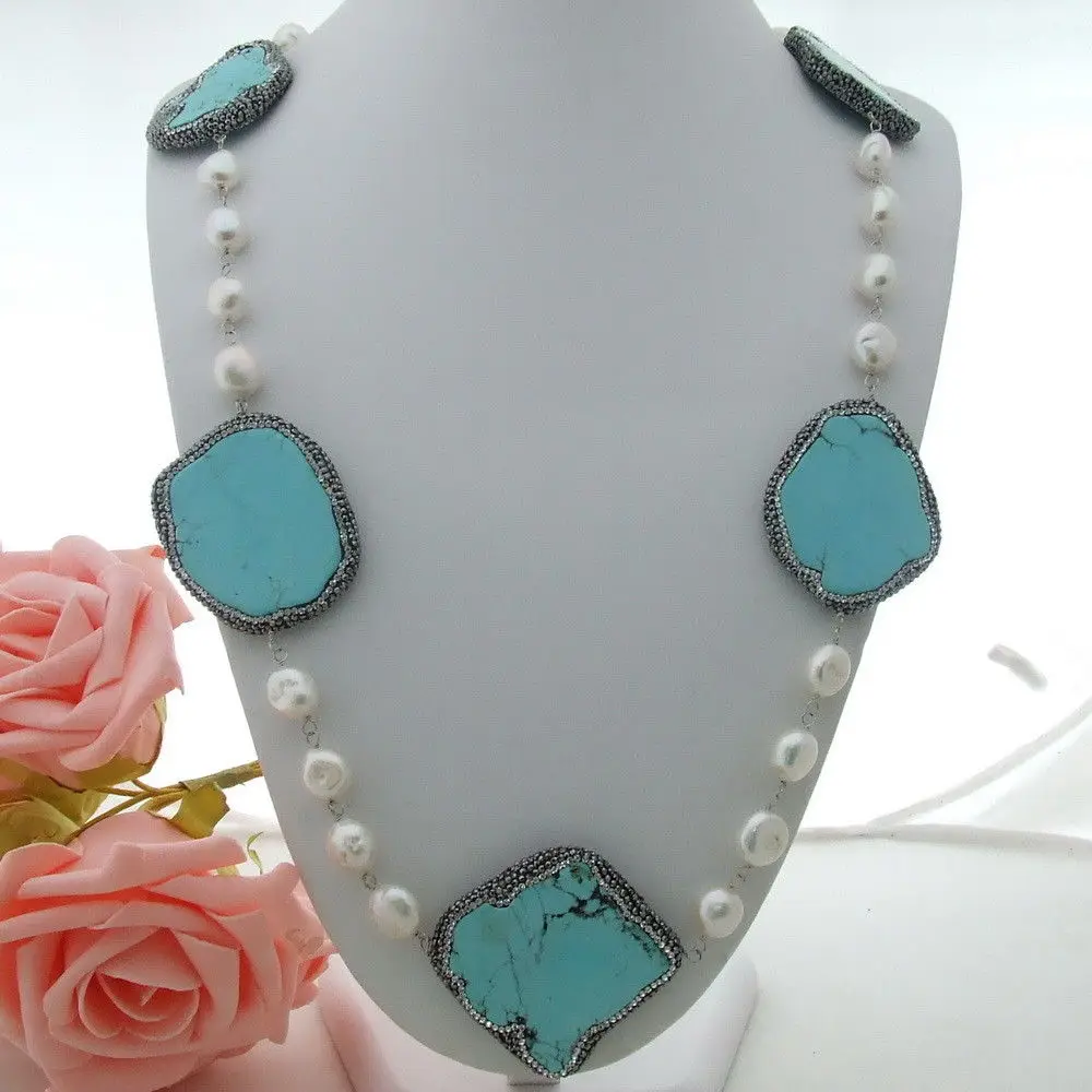 

AB012402 38" 13mm White Pearl Blue Gems Long Necklace
