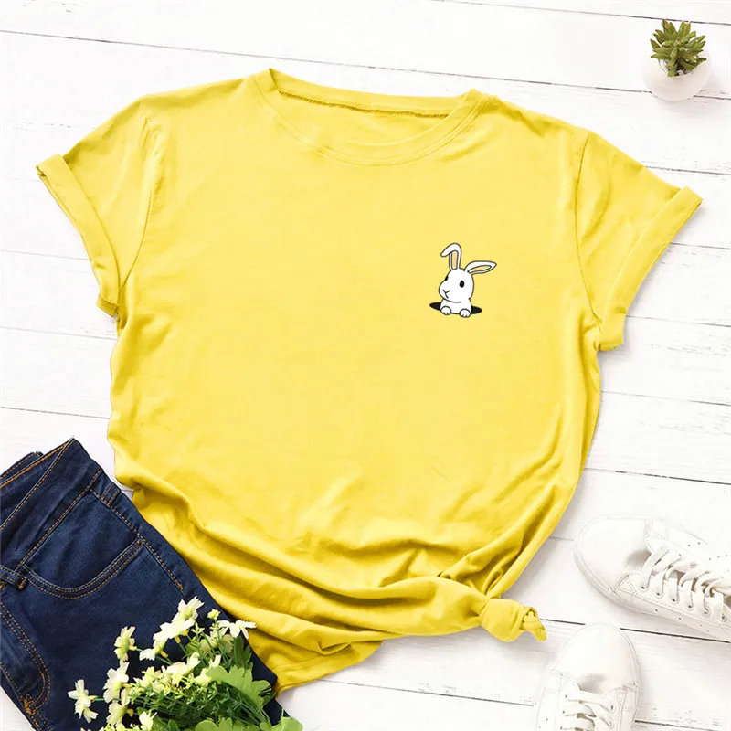 Большие размеры, милая Футболка с принтом кролика, женские рубашки, хлопок, круглый вырез, короткий рукав, летняя футболка, топы, женская футболка - Цвет: 847-huangse
