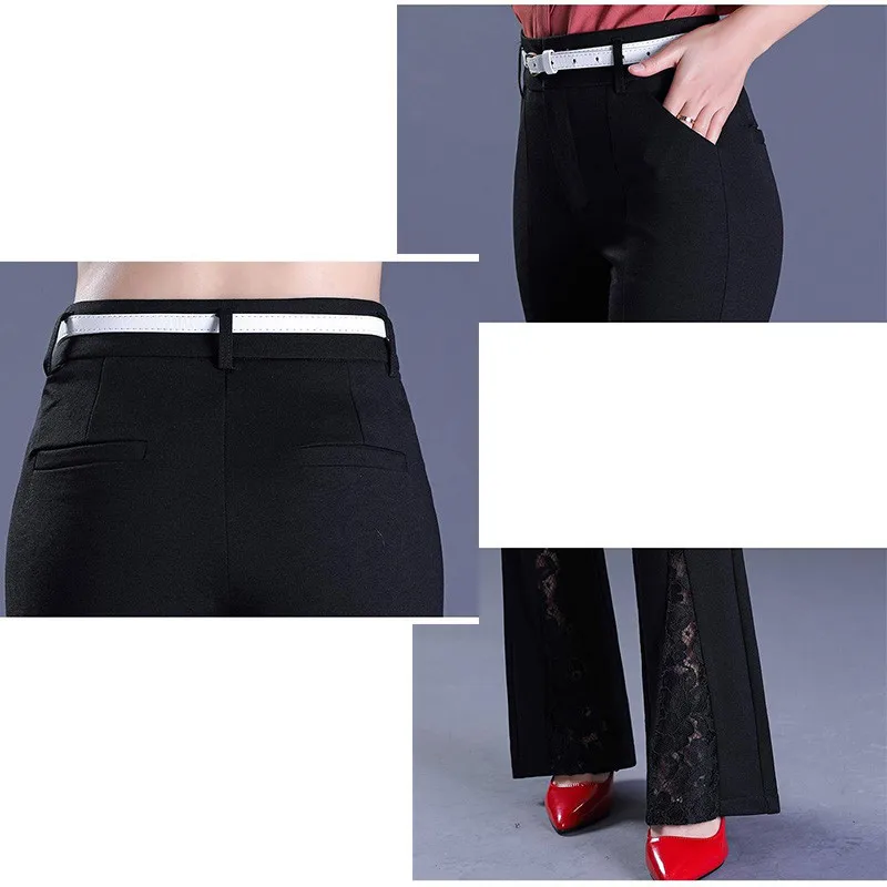 Elegant Office Lady Lace Embroidery Stitching Flared Pants Womens Sexy High Waist Bell Bottom Pants Casual Stretch OL Trousers