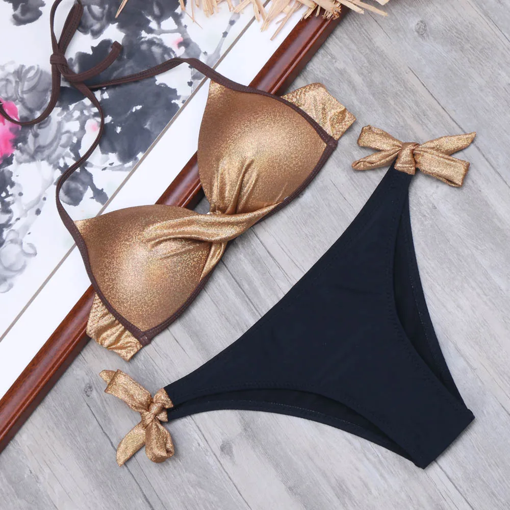 Online Melphieer Gold Bikini Bronzing Bikinis Set Shiny Badeanzug Push Up Biquini Plus größe XXL Bademode Baden Schwimmen Anzug Für Frauen