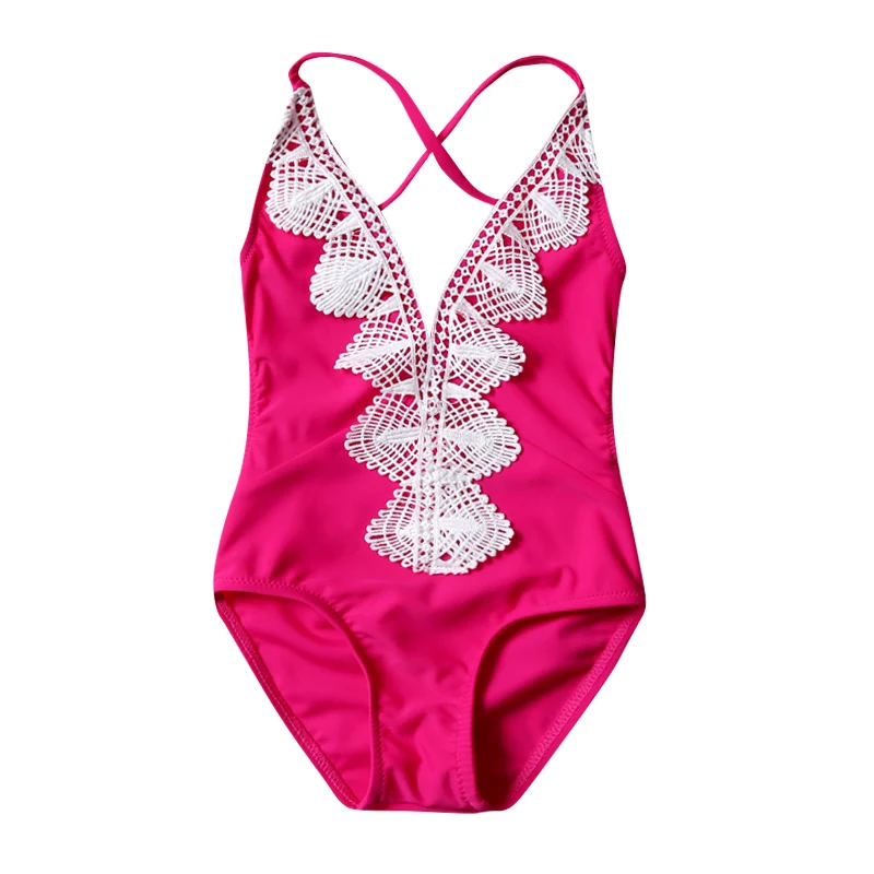 Girls Lovely One Piece Lace Swimsuit Solid Sleeveless Backless Toddler
