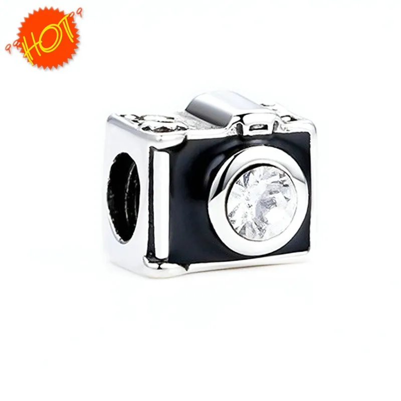 

925 Sterling Silver Jewelry DIY Beads with Black Enamel and Cubic Zirconia Fits Bracelet Camera Charms PANDOCCI