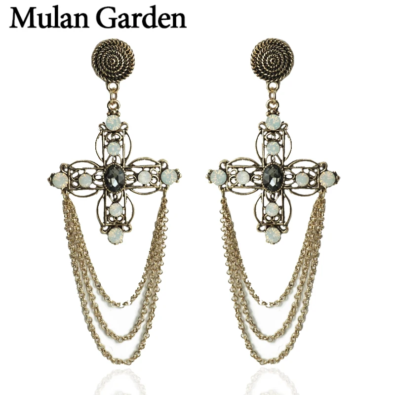 cheap M amp;G Long Cross Gothic Earrings Women New Black Glass Statement Metal Tassel Earring Vintage Jewelry 925 Steeling Silver Needle