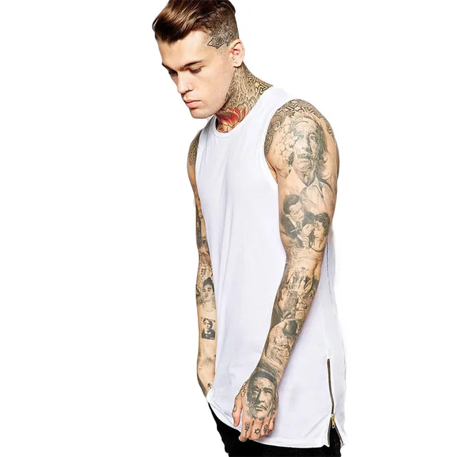 Black extended tank tops men side split zippper embellished singlet GD