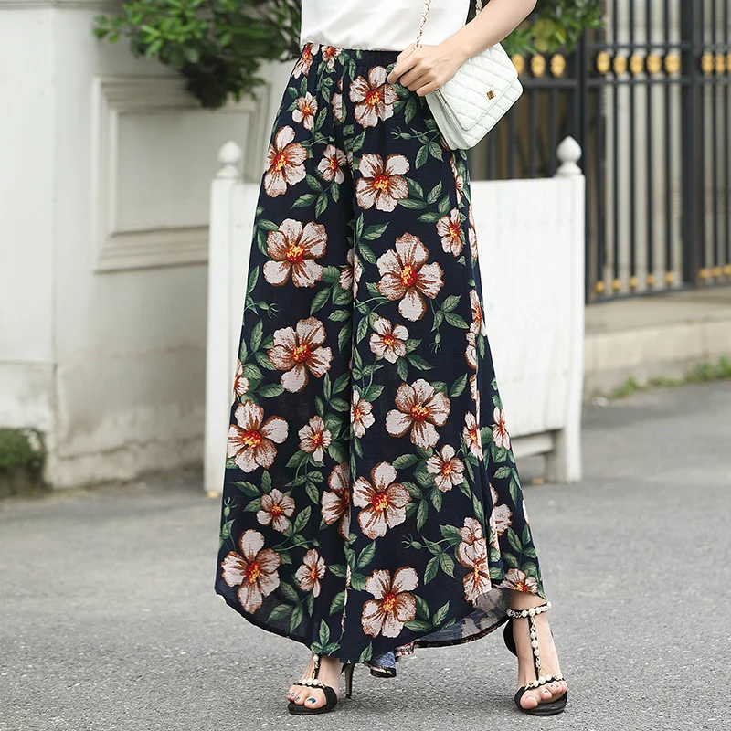

Women's Summer Casual Cotton Linen Retro Print Bohemian Wide Leg Pants High Waist Wide Legs Trousers Skirts Beach Holiday Pants