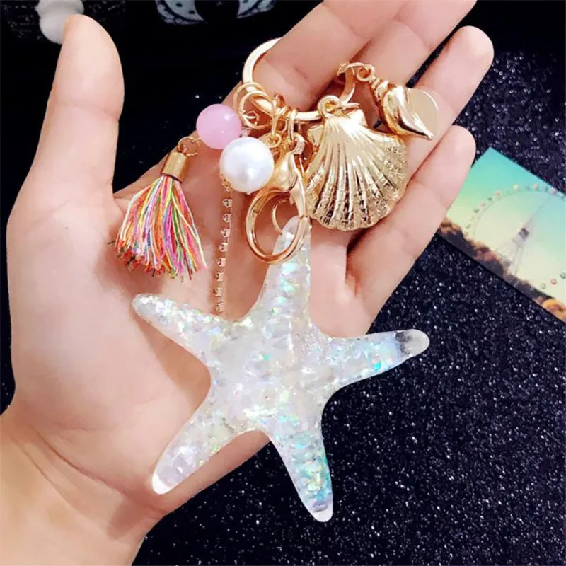 

Starfish keychain Creative crystal Cute Keychain Lovers tassel seashells Metal Car Key Ring Pendants Bag chain Gift jewelry