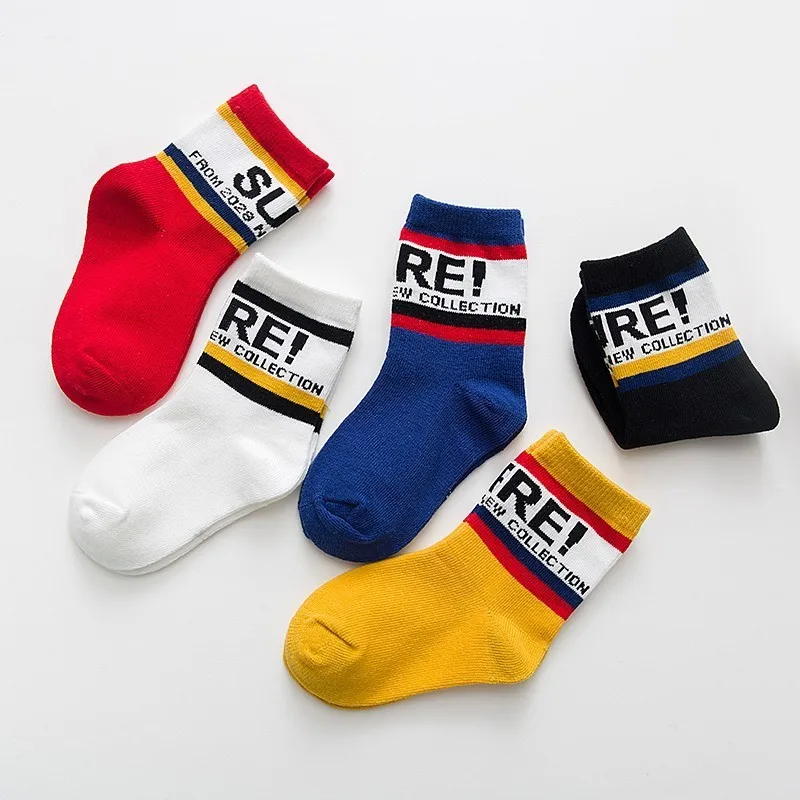 Autumn New 5 Pairs Cotton Socks Letter SURE Short Tube Socks Kids Boys