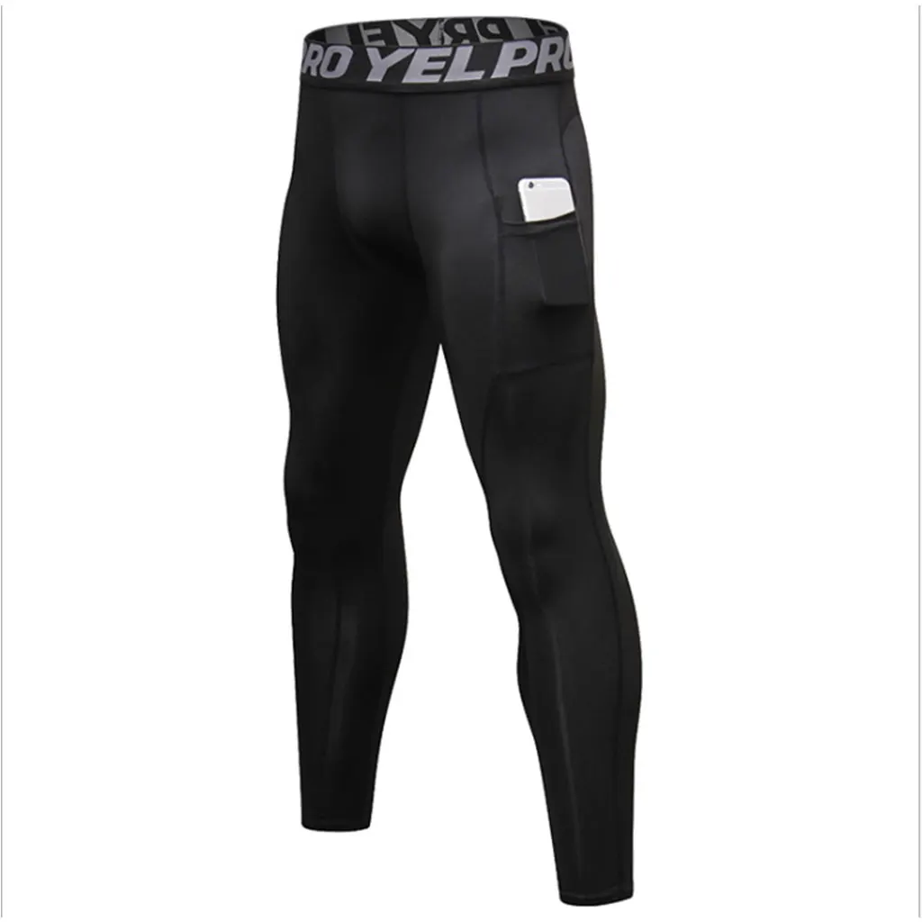 Мужские размера плюс, одноцветные компрессионные длинные штаны с карманами, крутые, сухие, Спортивные Леггинсы, эластичные, с буквенным поясом, термобелье для бега Ti - Цвет: Black