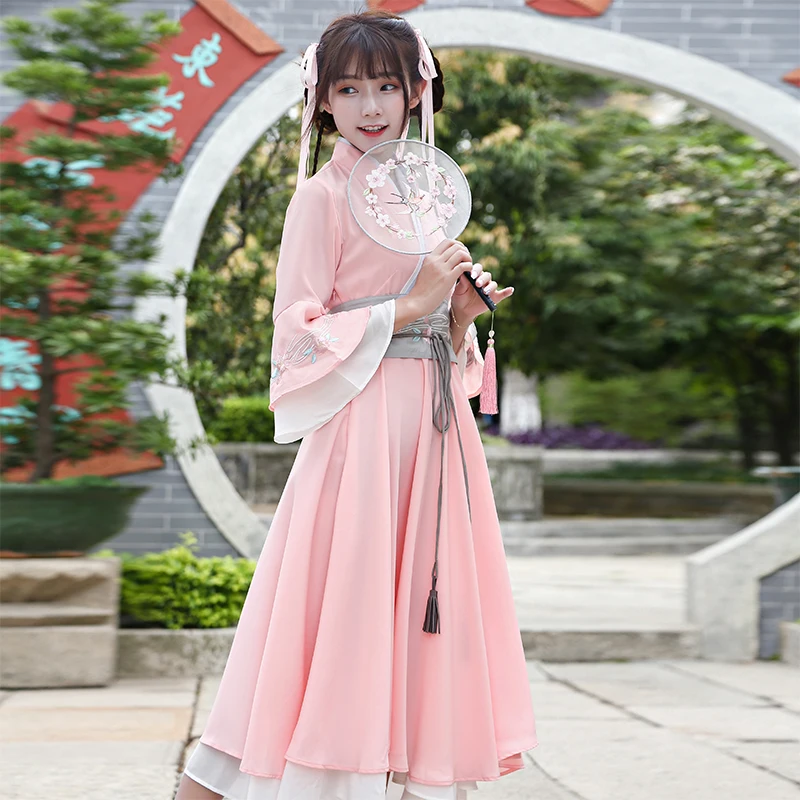 Summer National Daily Women Dress Improved Han Chinese Clothing Vintage Cross Collar Double Dress Expansion Han Element Dress3