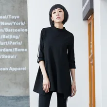 Лидер продаж Для женщин сезон: весна–лето модные Свободные стенд воротник полоса половины рукав футболка Дамы Повседневное длинные черные длинные футболка S