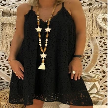 S-5XL Plus Size Lace Boho Dress Women Summer Solid Color Sling Beach Dresses Ladies Casual Vintage Sleeveless V-neck Loose Dress slimming plunging neck sleeveless solid color women s mini dress