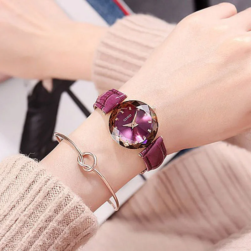 

2018 New Fashions GUOU Brand Lady Quartz Watch Personality Diamond Shaped Glass Rose Gold Genuine Leather Belt Gift WristWatches