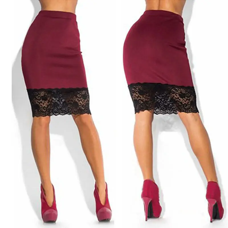 

Plus Size Hot Fashion Women Formal High Waist Lace Patchwork Knee-length Skirt Lady Stretch Bodycon Pencil Skirt