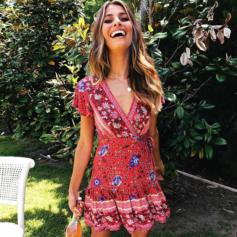 

Women Summer Dress 2019 Sexy V Neck Short Sleeve Self Tie Ruffle Mini Wrap Dress Bohemian Floral Print Beach Boho Dress Sundress