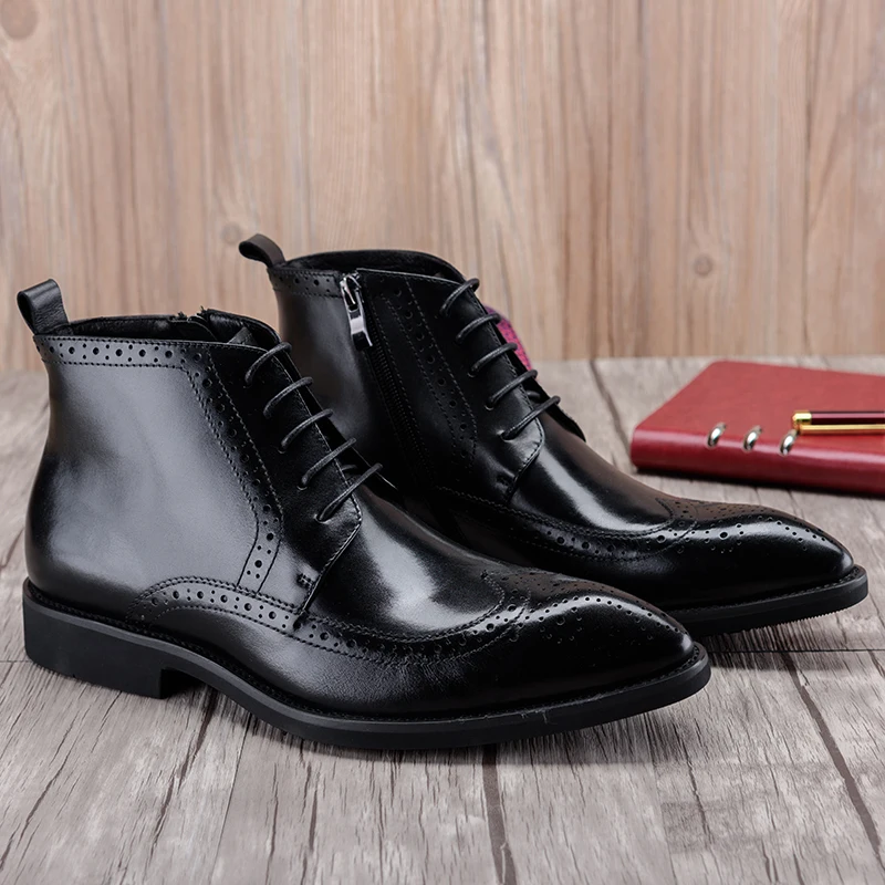 Men PJCMG Black/Red Lace-Up Ankle Rubber Casual Genuine Leather Classic Business Office Formal Boots
