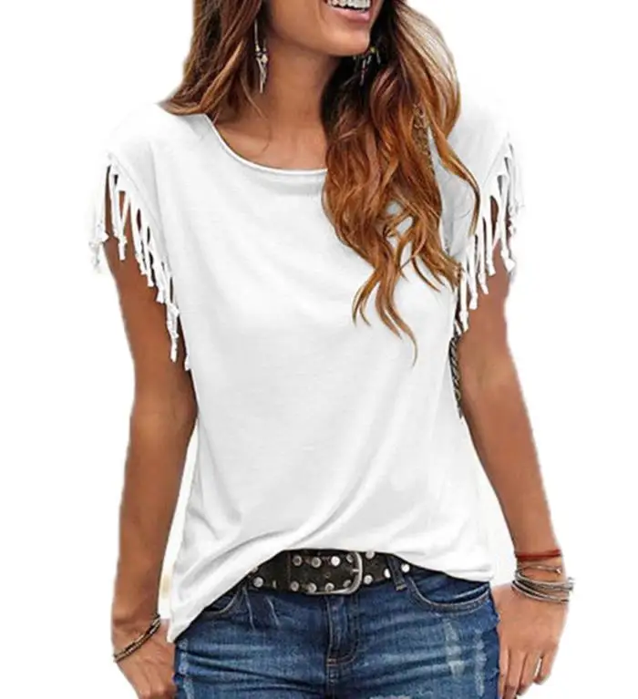 2019 الصيف شرابة Casua بلوزة قميص الإناث سترة النساء س الرقبة الملابس الإناث قميص قصير الأكمام الإناث المحملات النساء أعلى