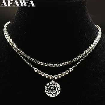 

2020 Yoga Lotus Stainless Steel Chain Necklace for Women Silver Color Double Layer Necklace Jewellery collar hombre N18681
