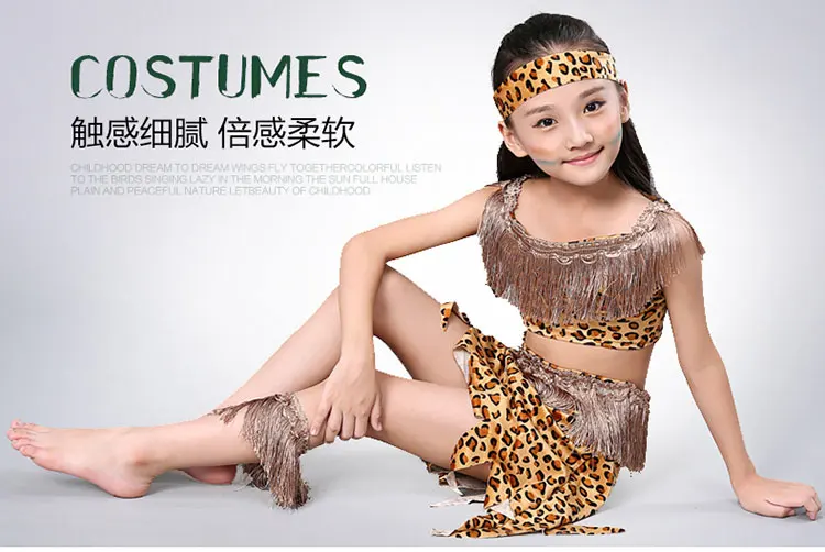 Children Savage Caveman Costumes Boy Leopard African Tribal Hunter Clothing for Girl Performance Costumes Cosplay Dress