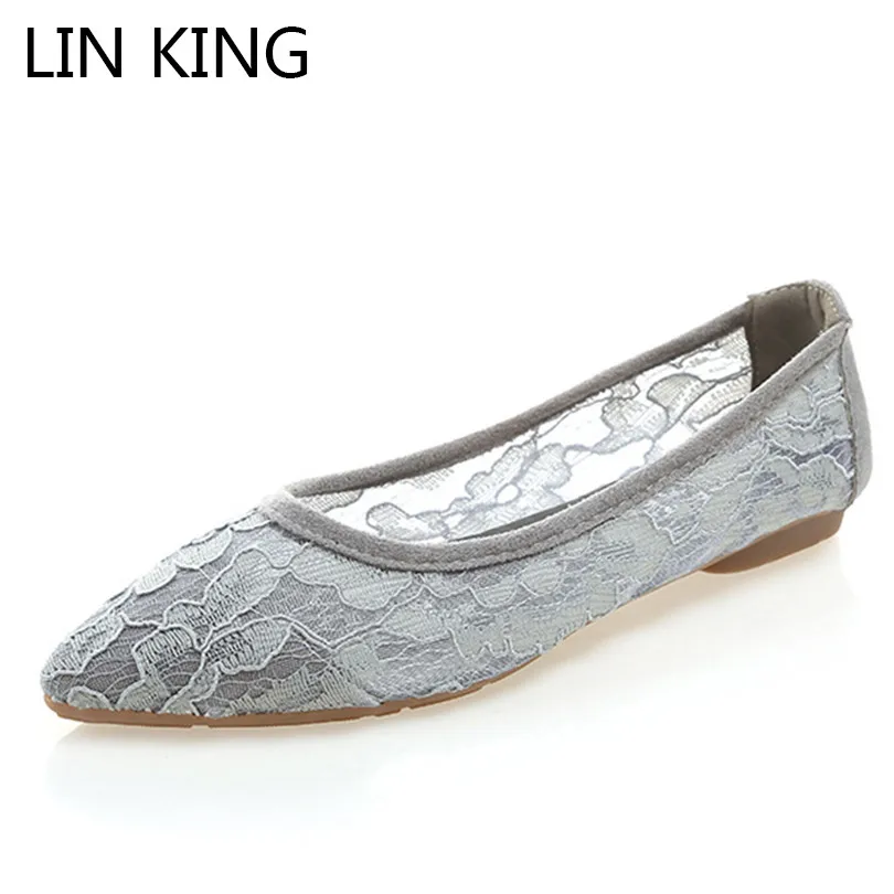 

LIN KING New Pointed Toe Lace Women Flats Shoes Breathable Summer Slip On Single Shoes Shallow Moutth Lady Office Work Loafers