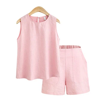 

Women Summer Style Casual Cotton Linen Tops Shirt Feminine Pure Color Female Office Suit Set Women's Costumes Hot Short Sets