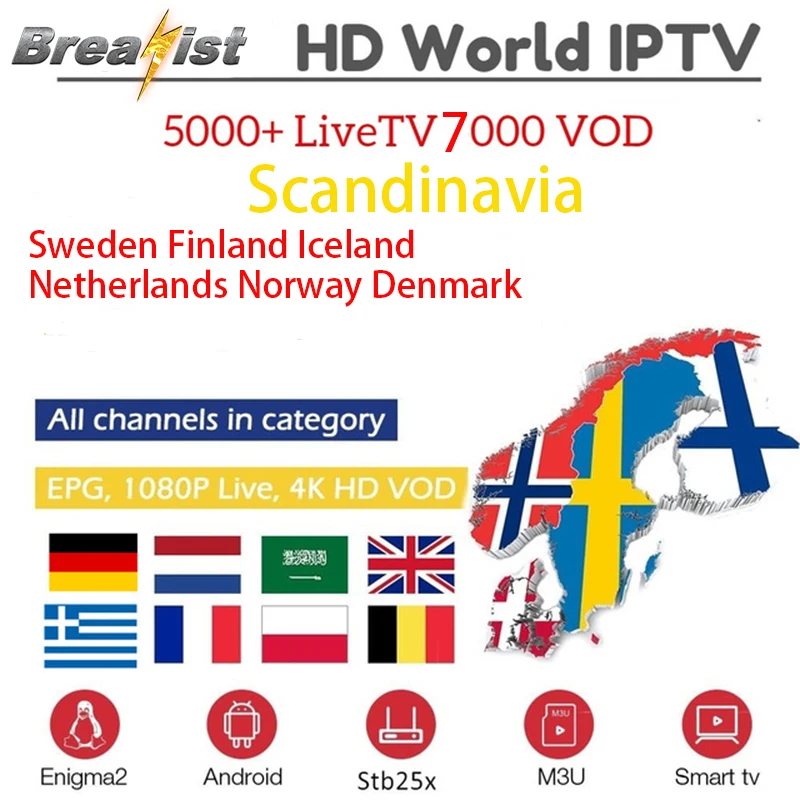 IPTV Nordic Швеция Норвегии Финляндия Дания Нидерланды Бельгии голландский скандинавский IPTV подписки для Android M3U MAG Engima2