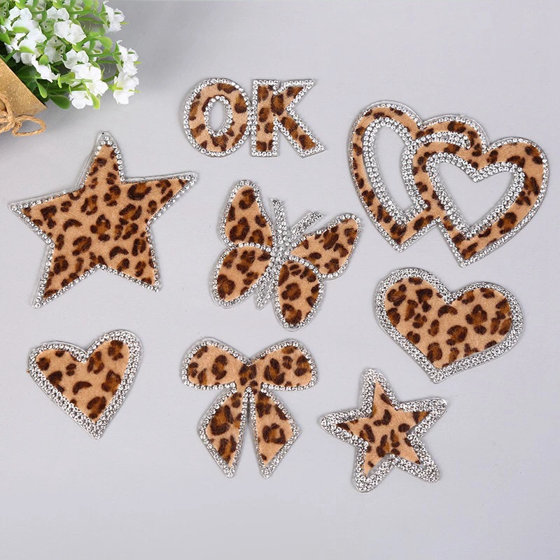 

2019 New Hot Melt Adhesive Leopard Pattern Rhinestones Star Heart Bow OK Butterfly Iron on Patches for Clothing Handbag Shoes