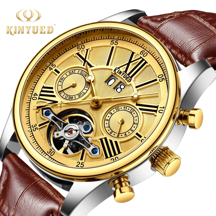 

KINYUED Automatic Skeleton Watch Top Luxury Brand Mechanical Watches Mens Calendar Sports Waterproof Leather horloges mannen