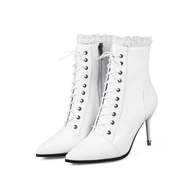 Женские ботинки г. Пикантная модная Осенняя обувь на очень высоком каблуке, на шнуровке, до середины икры, с острым носком, на молнии белый, черный цвет, большие размеры 34-46 - Цвет: white