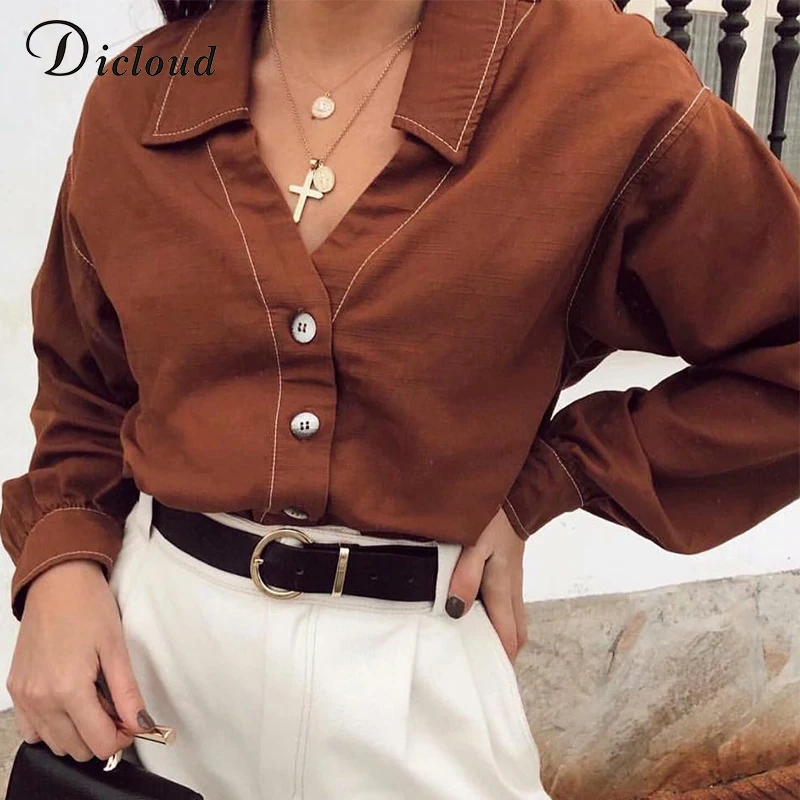 

DICLOUD Long Sleeve Self-tie Blouse Brown Women 2019 Turn Down Collar Fashion Ladies Tops Solid Casual Office Blouse