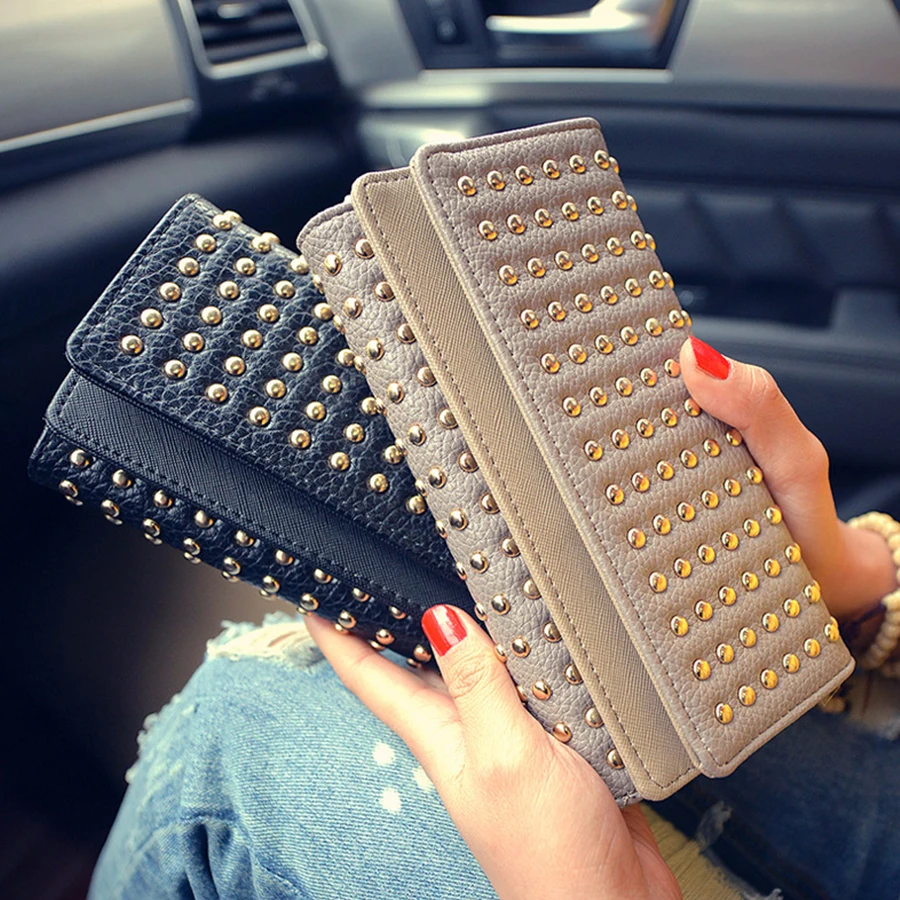 

2018 Fashion Long Wallets Women Solid Rivets Card Holder Wallet Female Black Credit Card Coin Purse