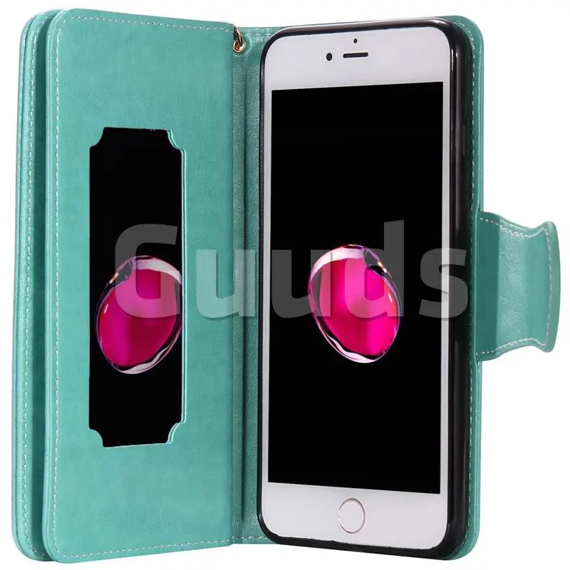 Embossing Cat Girl 9 Card Leather Wallet Case for iPhone 8 Plus / 7 Plus 7P(5.5 inch) - Green