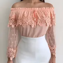 Elegant Orange Sexy Off Shoulder African Plus Size Vintage Blouse Women Slim Falbala Hollow Lace Retro Female Fashion Tops Shirt plain lace patchwork falbala blouse