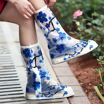 

Waterproof Thicken Non Slip Rain Shoes Cover Chinese Style Blue Plum Flower Unisex 1 Pair Reusable Protector Shoes