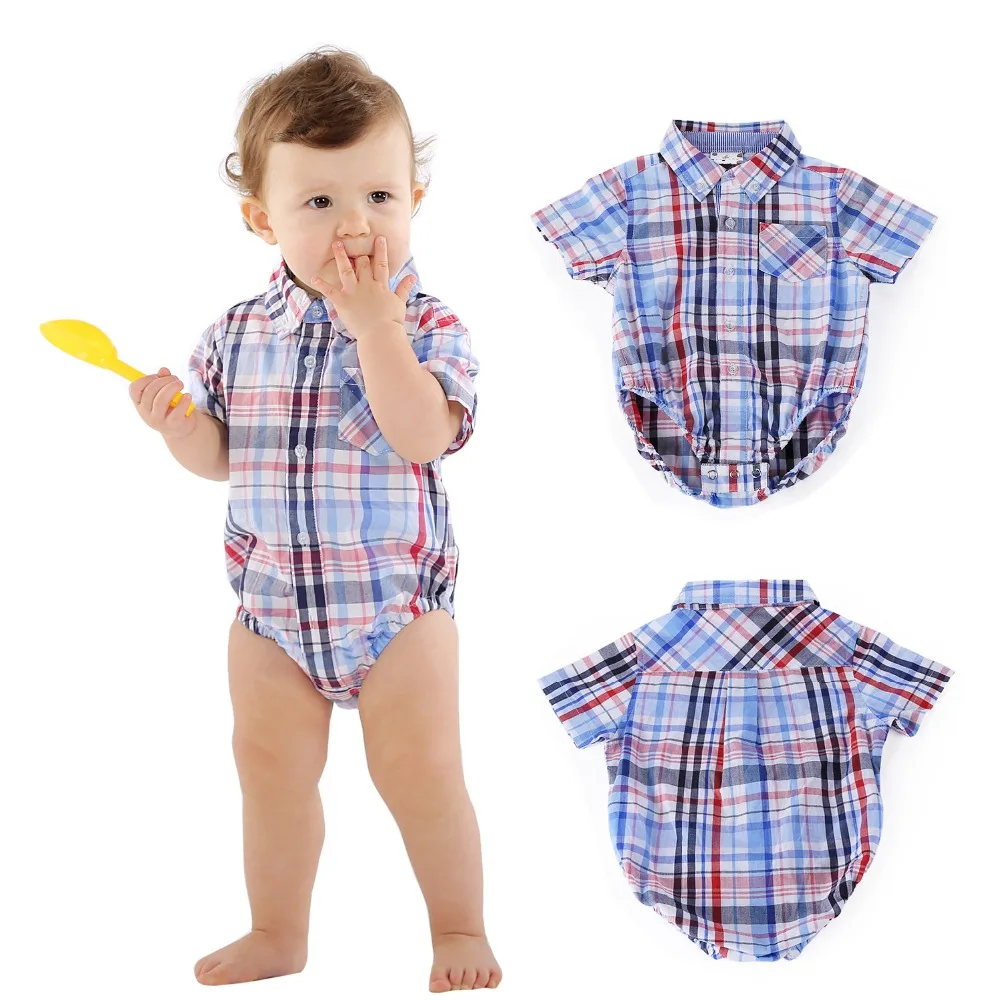Famuka Quality Summer Baby Boy Romper for Kids Plaid Shirts Baby