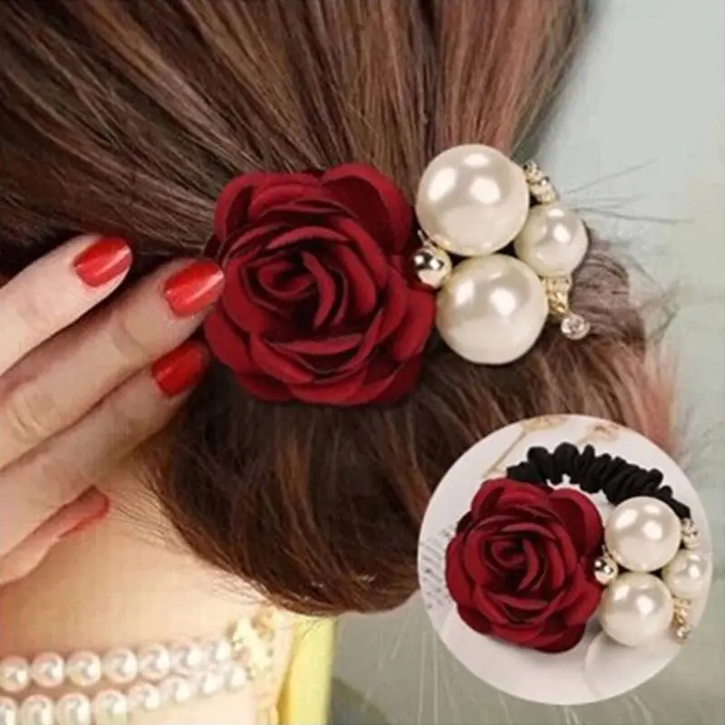 New Fashion Pearl Flower Hair Bands Girls Satin Big Rose Three Pearls Decor Elastic Hairbands
