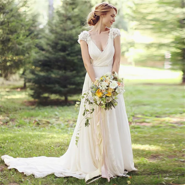 Rustic 2016 New Vintage Garden Cap Sleeve Ivory V Neck Lace Chiffon Wedding Dress Rustic 2016 New Vintage Garden Cap Sleeve Ivory V Neck Lace Chiffon Wedding Dress