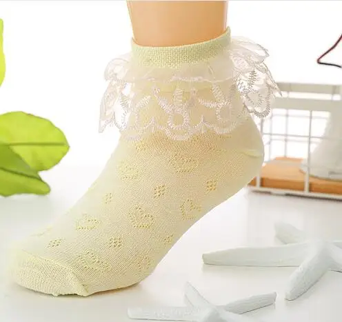 Брендовые нескользящие носки для девочек кружевные носки с оборками для маленьких принцесс для маленьких девочек, летние носки для детей 0-8 лет - Цвет: yellow double lace