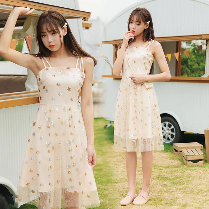 

Sweet Chic Sequined Stars Spahetti Strap Student Dress Slash Neck Mesh Lace A-Line Women Dress Elegant Summer Princess Dress