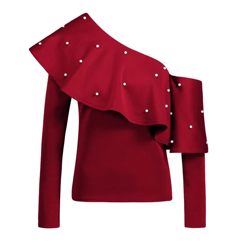 2018-One-Shoulder-Ruffle-Blouses-Shirts-Women-Fashion-Tops-Elegant-Pearls-Beading-Blusas-Long-Sleeves-Club (1)
