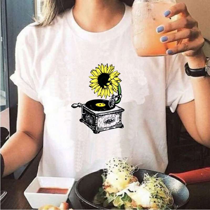 

Trendy clothes for women 2019 Sunflower gramophone funny t shirts women aesthetic clothes T Shirts summer top Tee Shirt