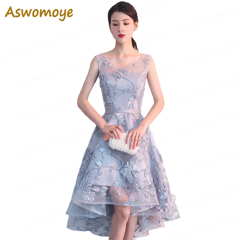 Aswomoye элегантное женское вечернее платье стильное асимметричное вечернее платье с аппликацией Вечернее Платье Иллюзия круглый вырез robe de soiree