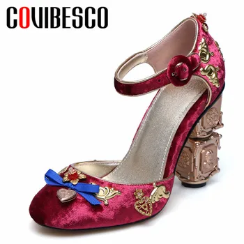 

CONASCO 2019 New Fashion Vintage Round Toe Buckle Women Pumps High Quality Flock Summer Sandals Party Prom Basic Shoes Woman