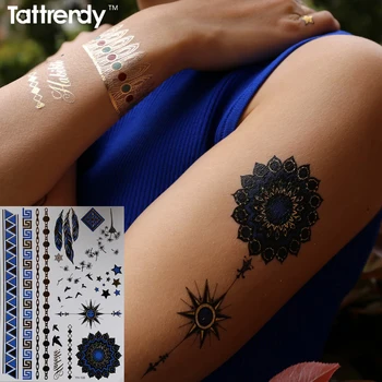 

Metallic Gold Silver Arm Shoulder Body Art Temporary Tattoo Sexy Flash Tattoos Sticker Blue Color Compass Tribal feather Arabic