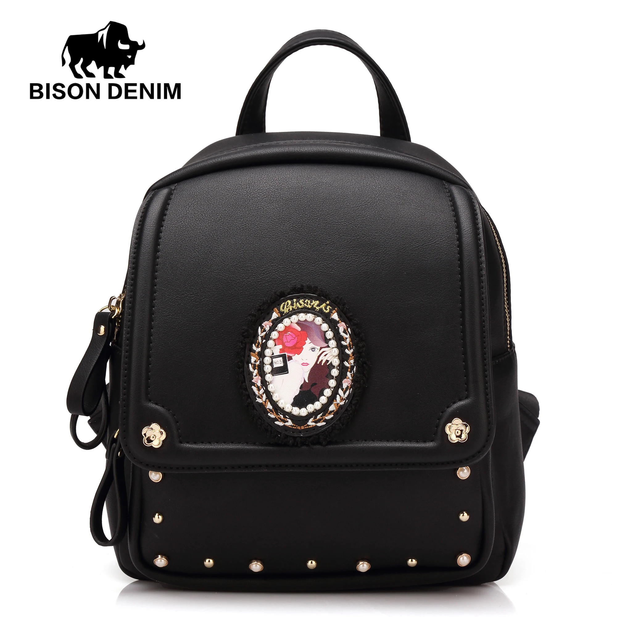 

BISON DENIM Leather Backpack Female Girls School Backpacks Sequin Designer Mini Shoulder BackBags For Women J1254