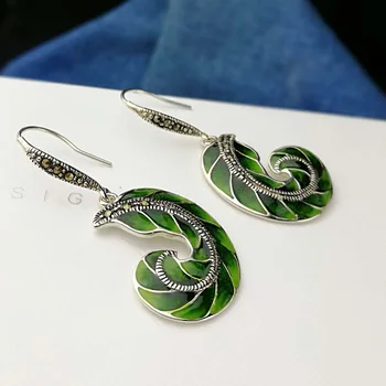 

Real 925 Sterling Silver Earrings Green Leaves Enameling Dangle Earrings for Women Personalized Jewelry Orecchini Donna